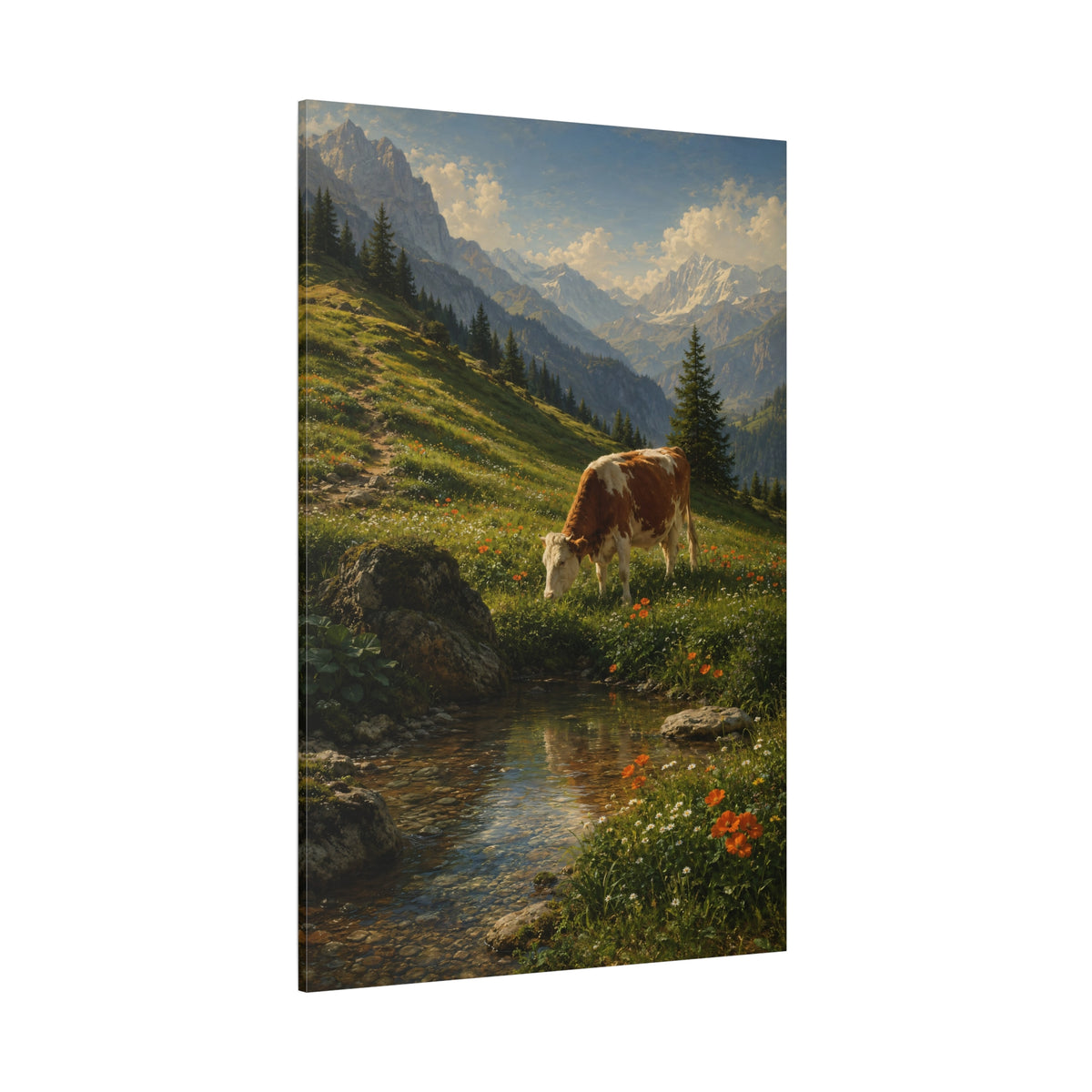 Alpine Cow by Mountain Stream Wrapped Canvas Wall Art – Classical Landscape Painting Print - ART OF ROYALS