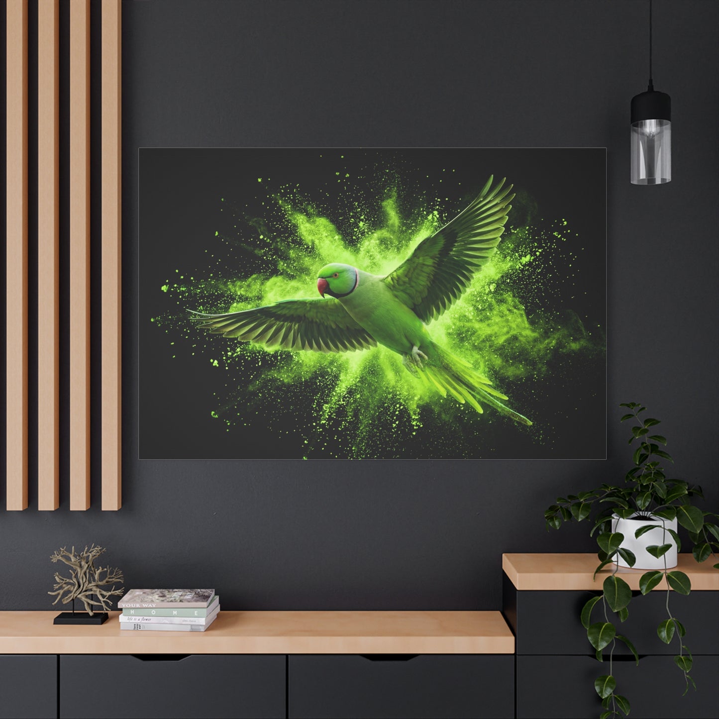 Neon Green Parrot Burst – Dynamic Abstract Wildlife Canvas Wall Art