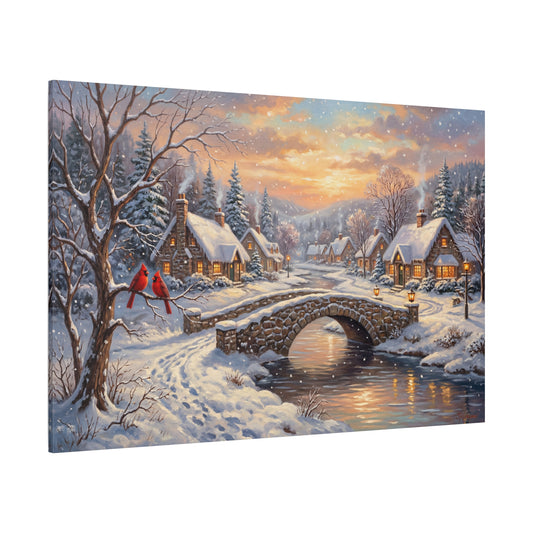 Winter Village Serenity – Snowy Cottage Bridge with Cardinals Canvas Wall Art