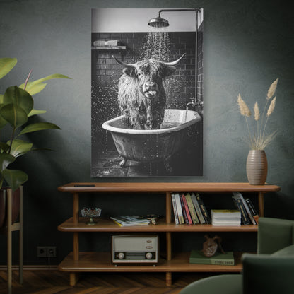 Highland Cow Shower Time – Funny Black & White Bathroom Canvas Wall Art