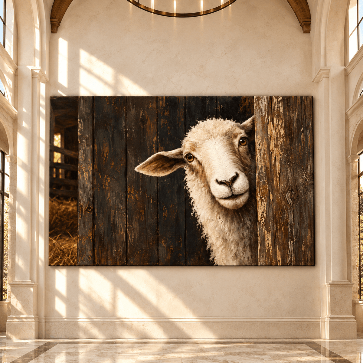 Curious Sheep Peeking from Rustic Barn Wrapped Canvas Wall Art – Farmhouse Sheep Portrait - ART OF ROYALS