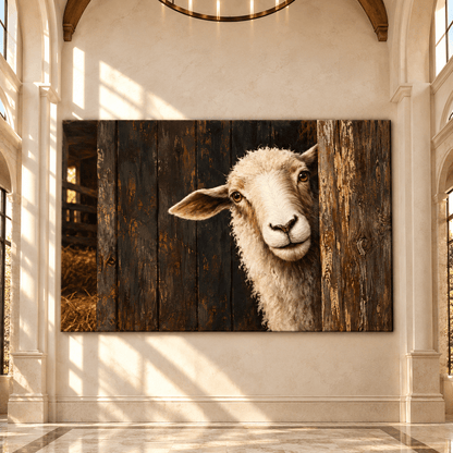 Curious Sheep Peeking from Rustic Barn Wrapped Canvas Wall Art – Farmhouse Sheep Portrait - ART OF ROYALS