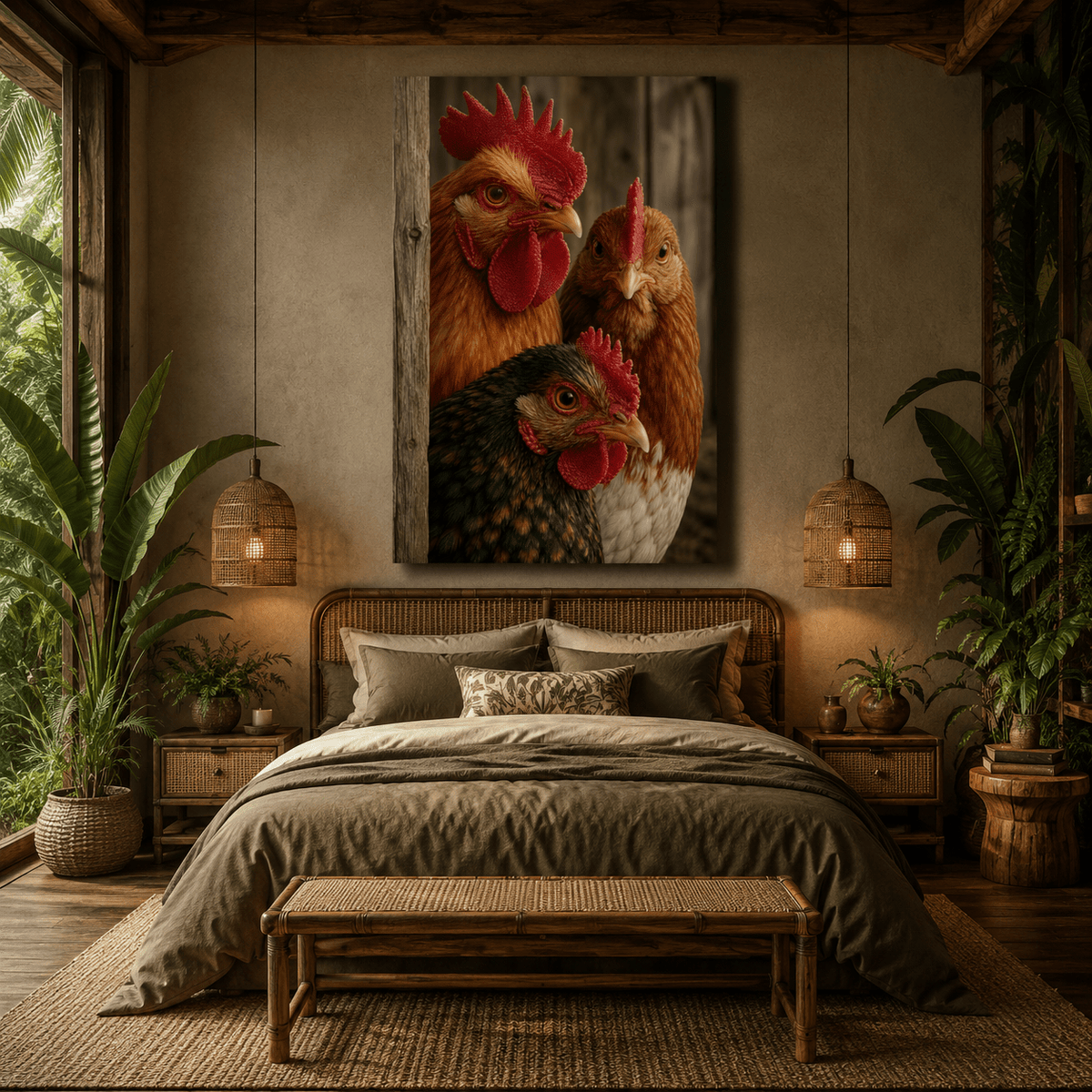 Three Chickens in Rustic Barn Wrapped Canvas Wall Art – Farmhouse Hen & Rooster Portrait Print - ART OF ROYALS
