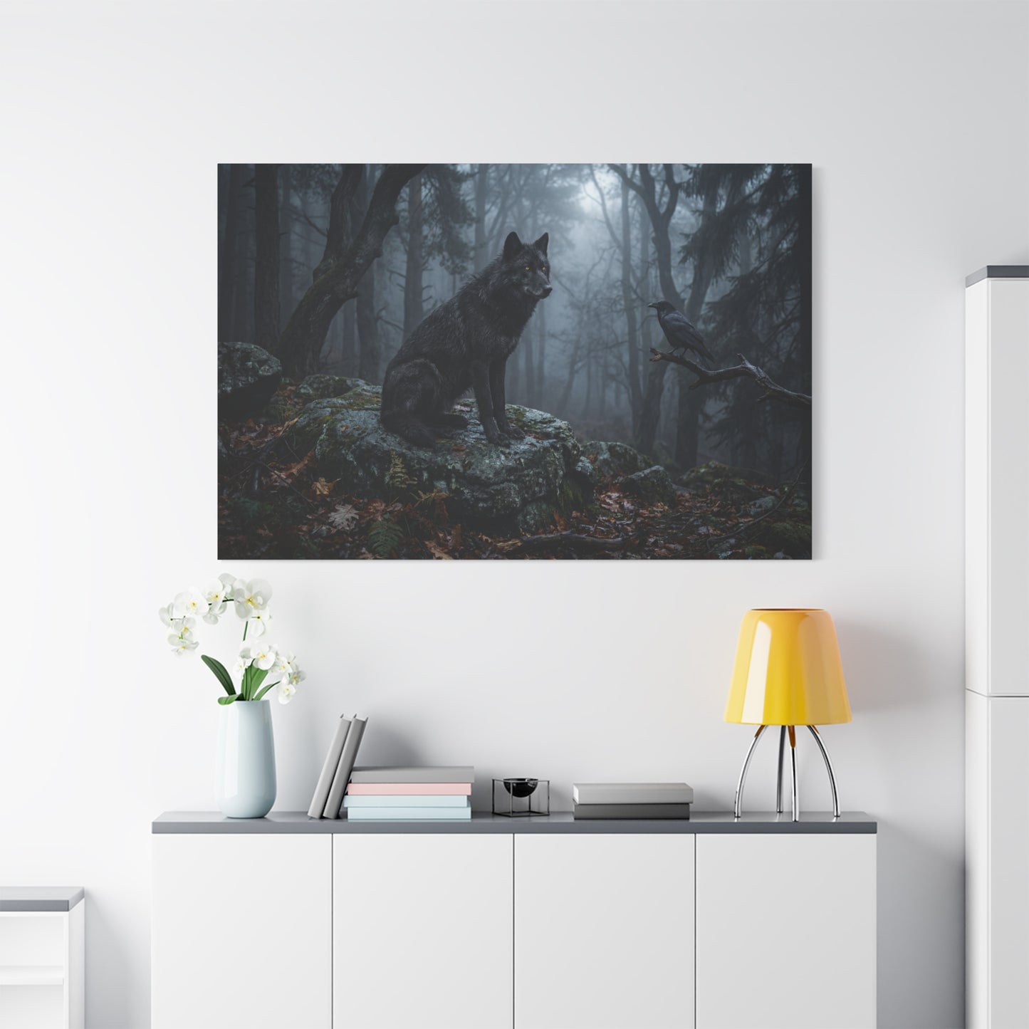 Black Wolf & Raven in Misty Forest – Dark Wilderness Canvas Wall Art