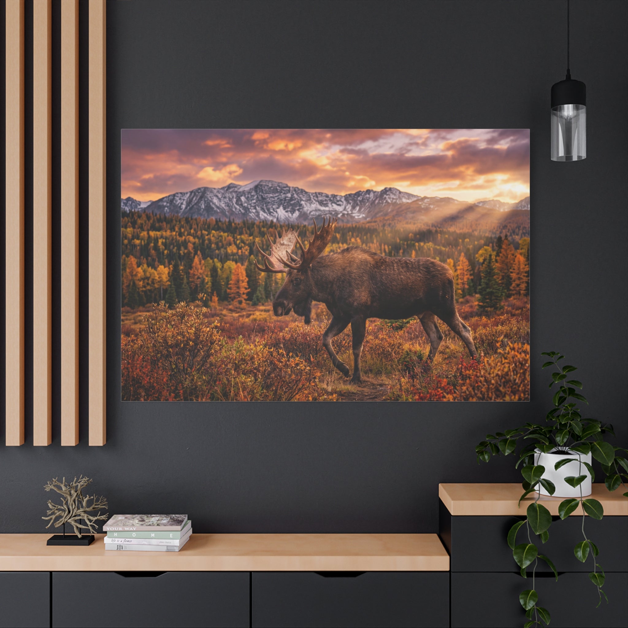 Majestic Moose in Autumn Wilderness – Mountain Sunset Canvas Wall Art