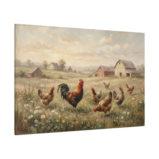 Rustic Farmyard Charm – Rooster and Hens Countryside Canvas Wall Art