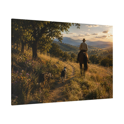 Down the Trail – Cowboy, Horse and Dogs at Sunset Canvas Wall Art - ART OF ROYALS