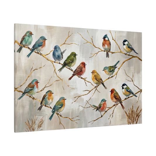 Colorful Songbirds on Golden Branches – Elegant Bird Canvas Wall Art
