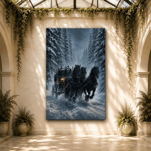 Black Horse-Drawn Carriage in Snowy Forest Wrapped Canvas Wall Art – Winter Stagecoach Horse Print - ART OF ROYALS