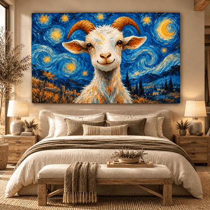 Whimsical Goat Under a Starry Night Wrapped Canvas Wall Art – Colorful Farm Animal Painting - ART OF ROYALS