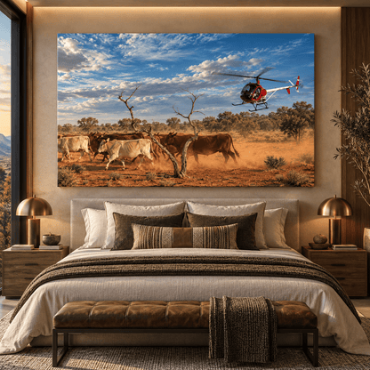 Helicopter Cattle Mustering Wrapped Canvas Wall Art – Australian Ranch Herding Landscape Print - ART OF ROYALS
