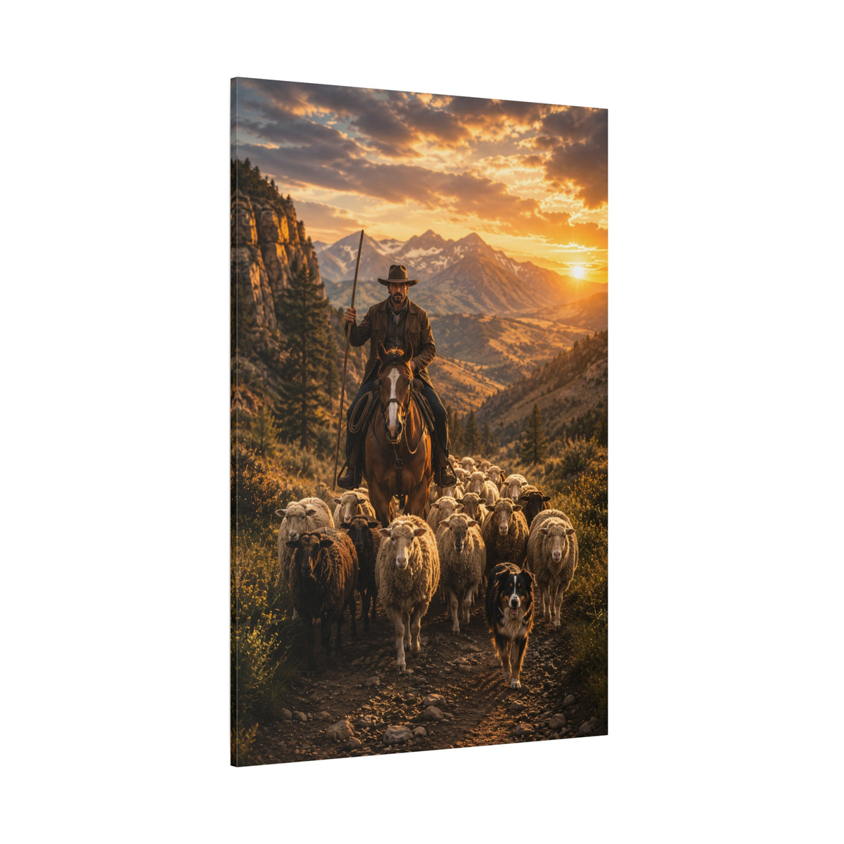 Mountain Shepherd – Cowboy Herding Sheep Canvas Wall Art - ART OF ROYALS