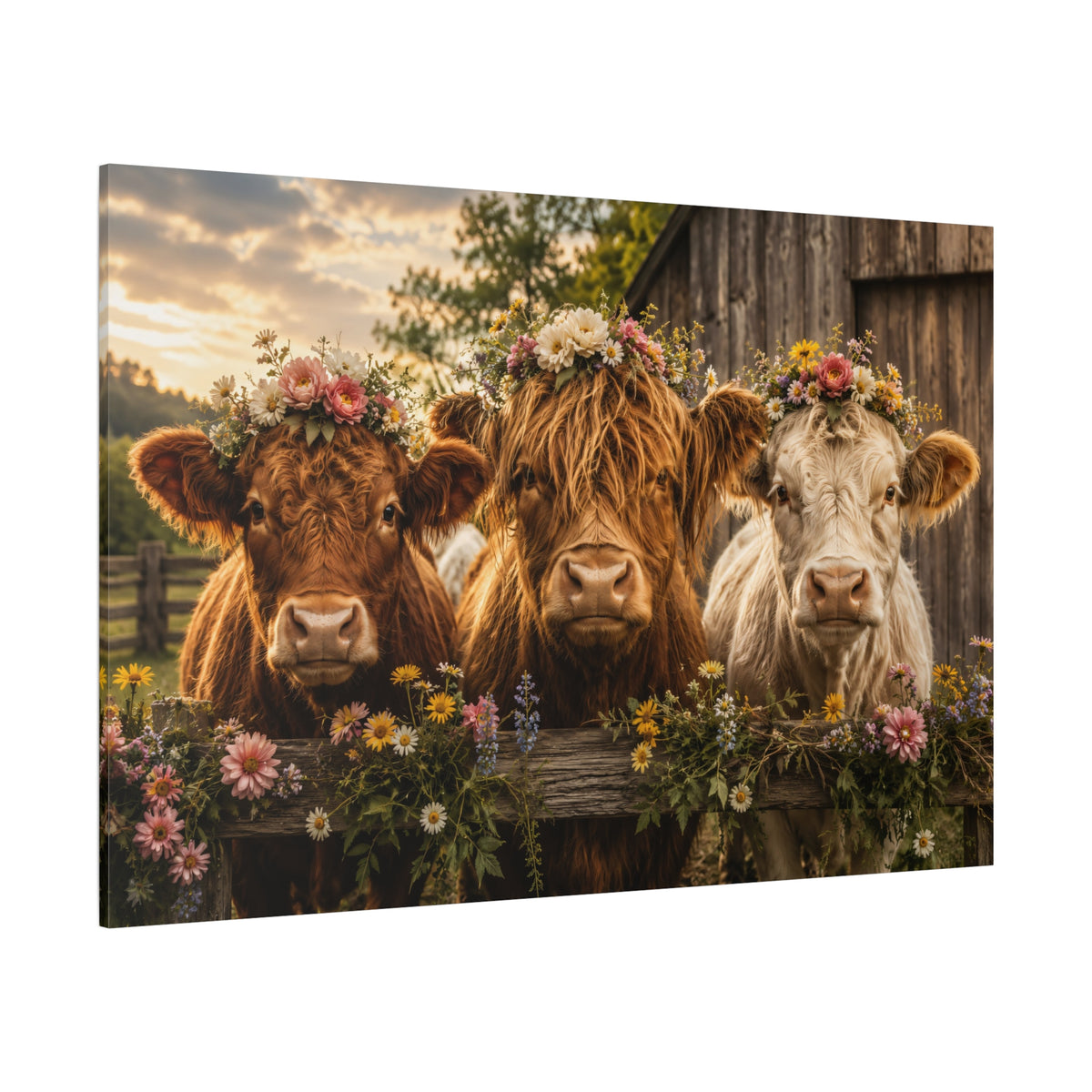 Flower Crown Girls – Highland Cow Boho Farmhouse Canvas Wall Art - ART OF ROYALS