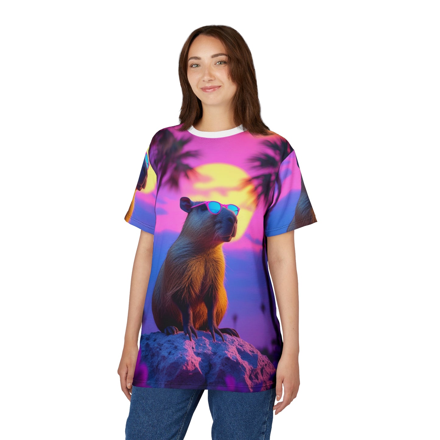 Capybara Sunsets – Retro Neon T-Shirt