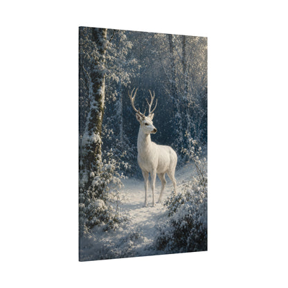White Stag in Snowfall Wrapped Canvas Wall Art – Ethereal Winter Wildlife Print - ART OF ROYALS