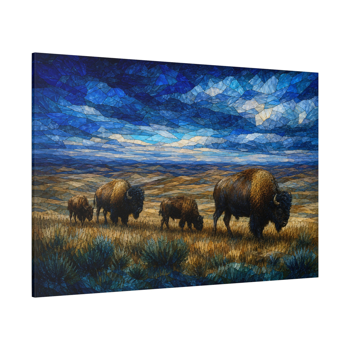 Stained Glass Bison Family Wrapped Canvas Wall Art – Mosaic Sky Wildlife Print - ART OF ROYALS