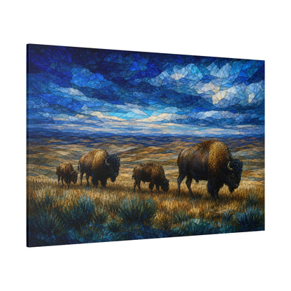 Stained Glass Bison Family Wrapped Canvas Wall Art – Mosaic Sky Wildlife Print - ART OF ROYALS