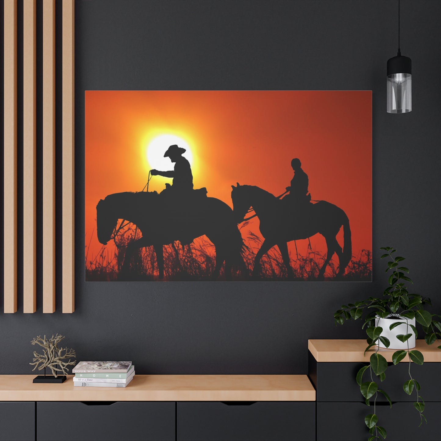 Sunset Riders Canvas Art – Serene Silhouettes in Golden Light