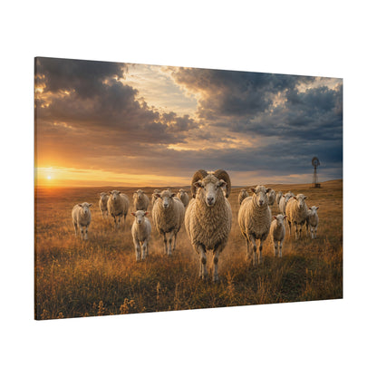 Ram Leading the Flock at Sunset Wrapped Canvas Wall Art – Farmhouse Sheep Ranch Print - ART OF ROYALS