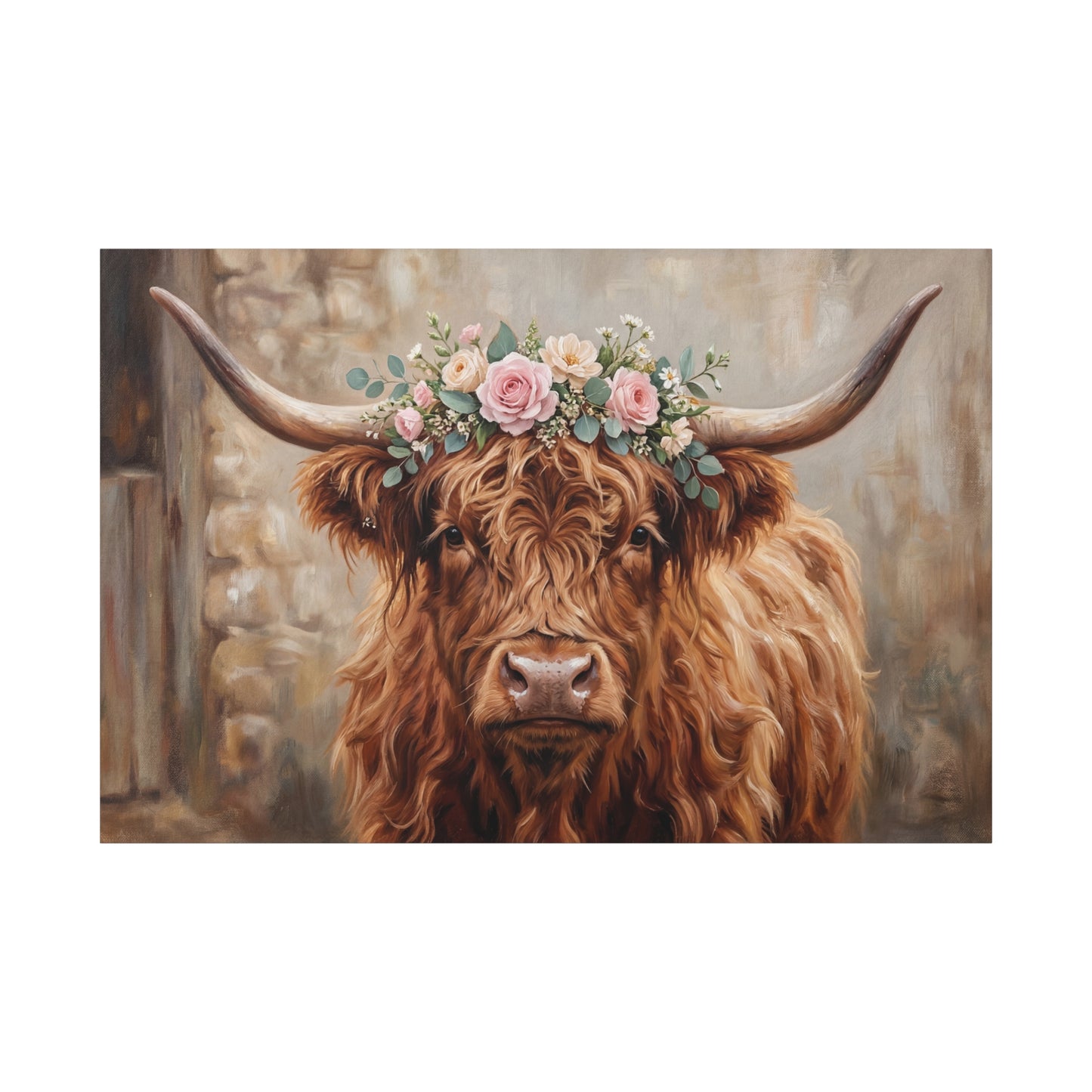 Highland Cow with Floral Crown – Rustic Farmhouse Canvas Wall Art