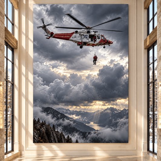 Mountain Rescue Helicopter Wrapped Canvas Wall Art – Dramatic Search & Rescue Aviation Print - ART OF ROYALS