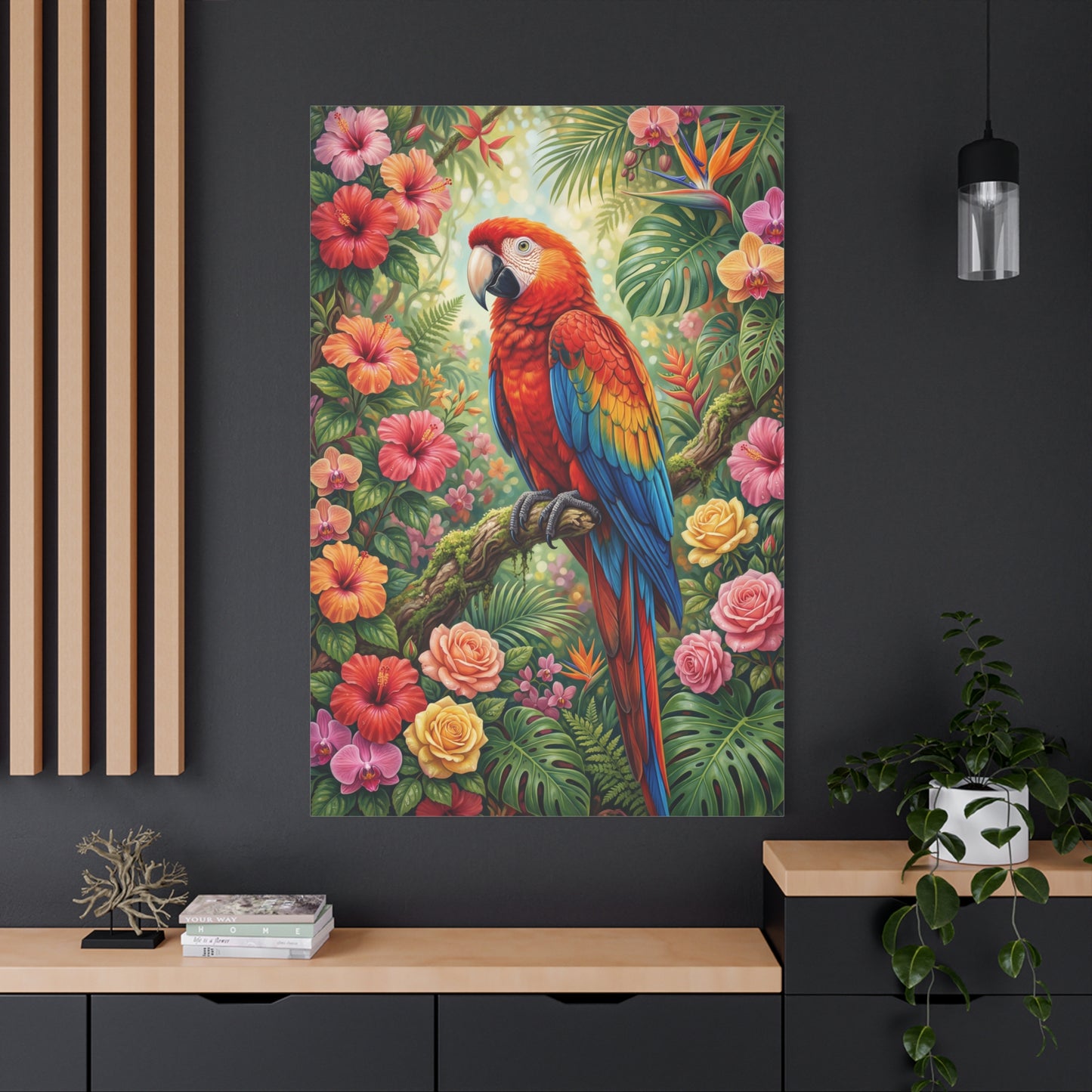 Tropical Scarlet Macaw Paradise – Vibrant Floral Jungle Canvas Wall Art