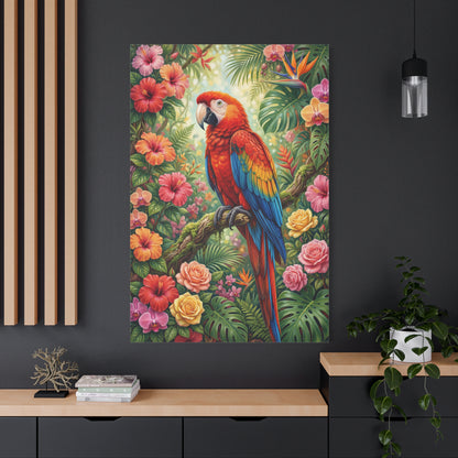 Tropical Scarlet Macaw Paradise – Vibrant Floral Jungle Canvas Wall Art