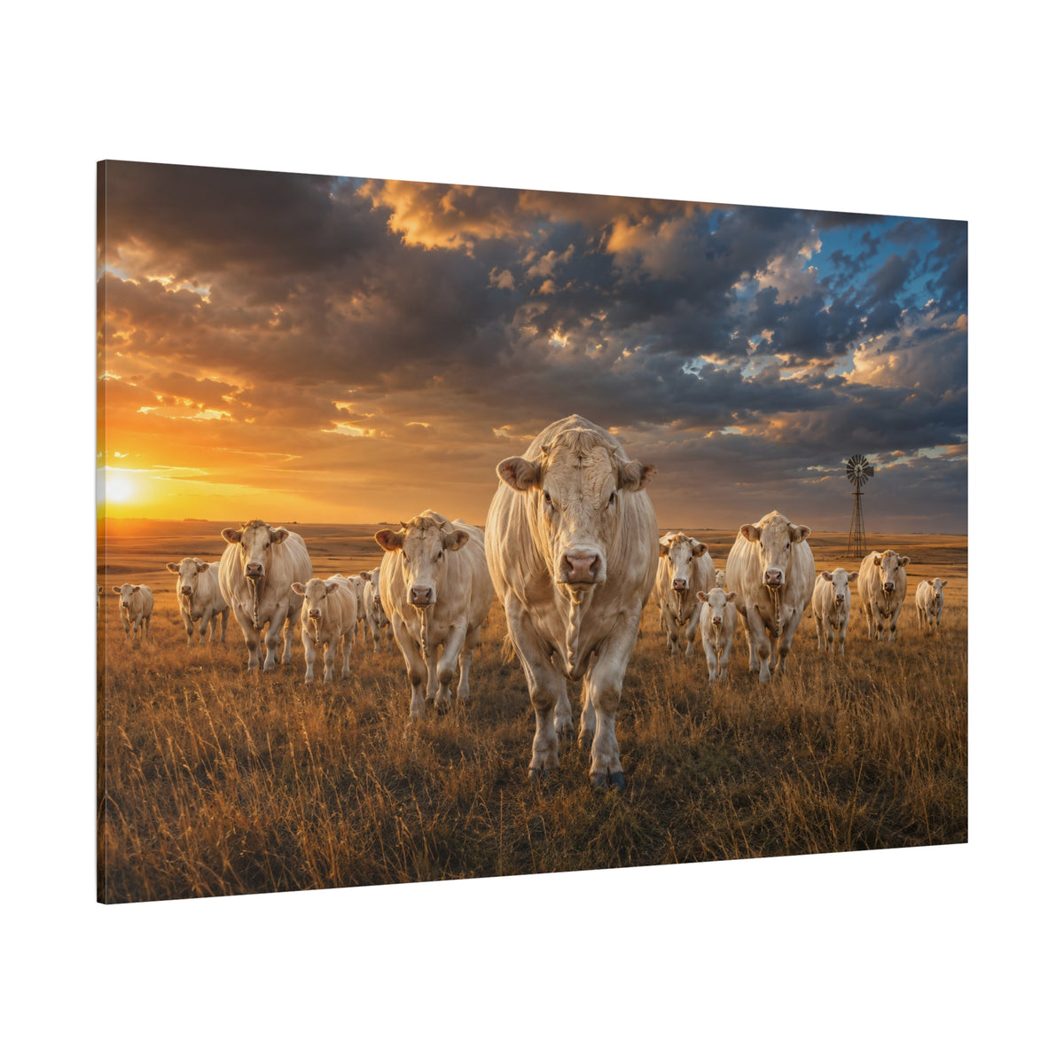 Charolais Cattle Herd at Golden Sunset Wrapped Canvas Wall Art – Cream-White Ranch Print - ART OF ROYALS