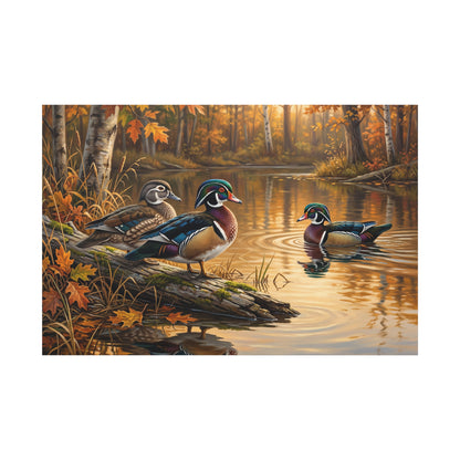 Wood Ducks in Autumn Pond – Serene Nature Wildlife Canvas Wall Art