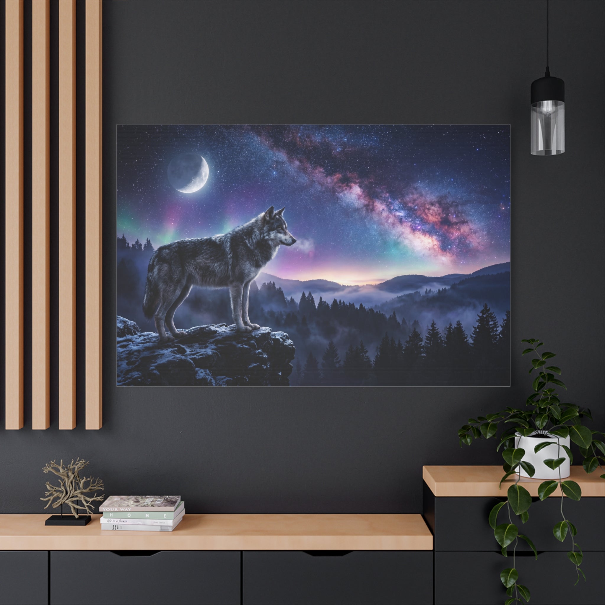 Lone wolf under milky way canvas wall art for rustic wilderness home decor