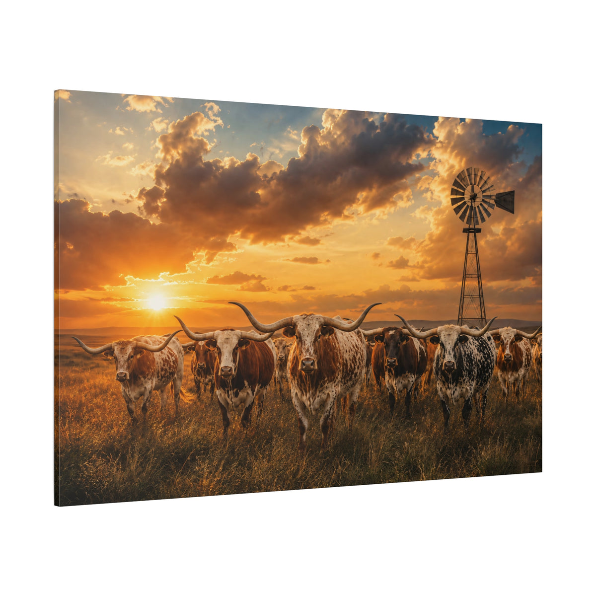 Texas Longhorn Herd at Windmill Sunset Wrapped Canvas Wall Art – Iconic Ranch Print - ART OF ROYALS