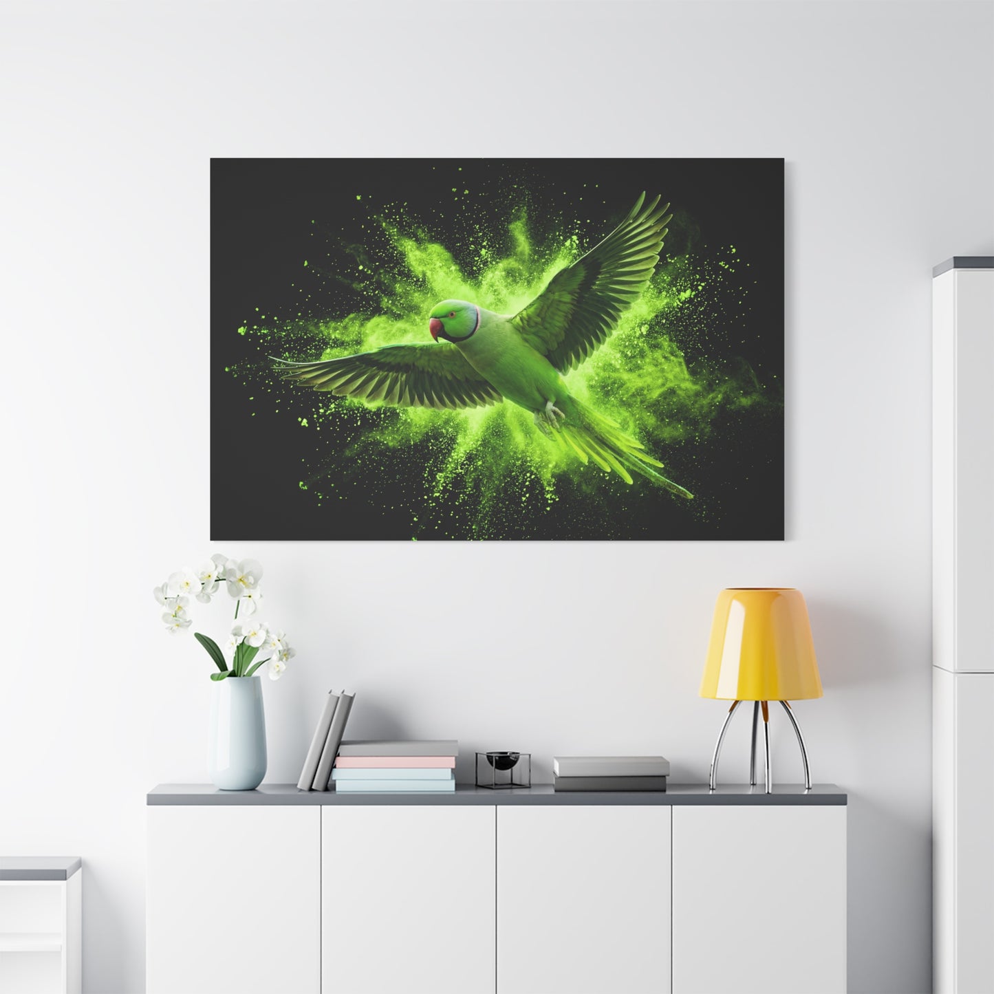 Neon Green Parrot Burst – Dynamic Abstract Wildlife Canvas Wall Art