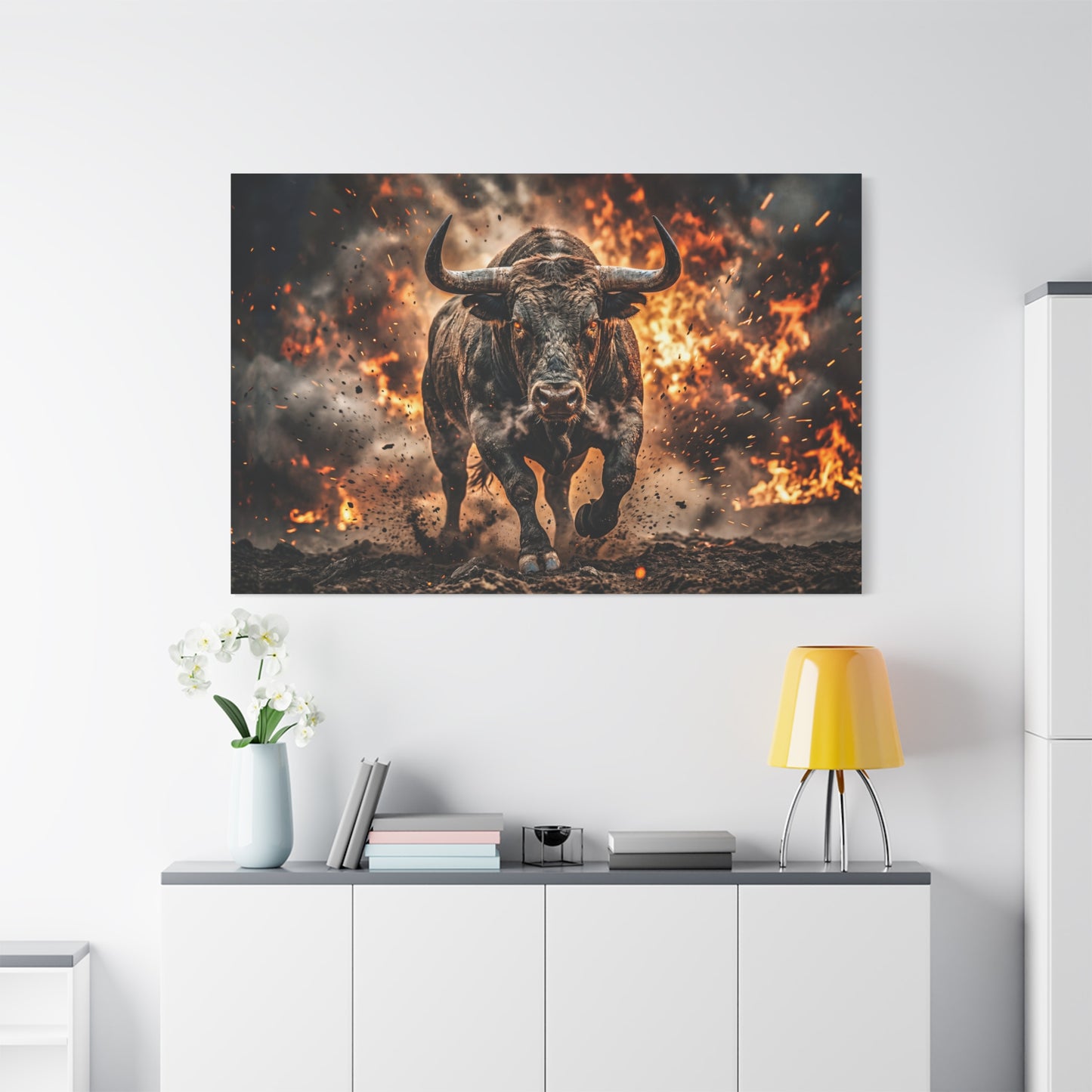 Charging Bull Through Fire – Powerful Action Canvas Wall Art