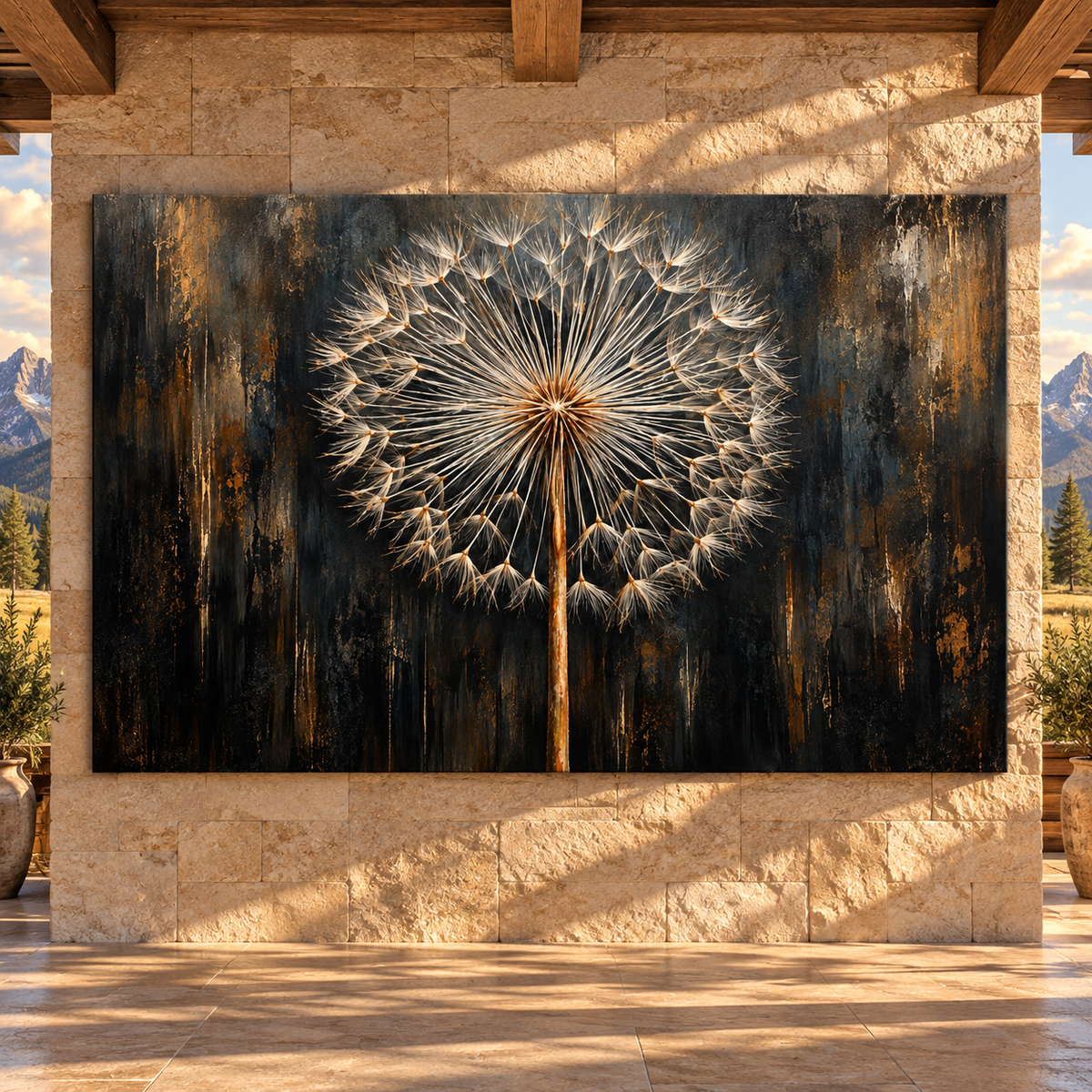 Golden Dandelion Seed Head Wrapped Canvas Wall Art – Black & Gold Botanical Abstract Print
