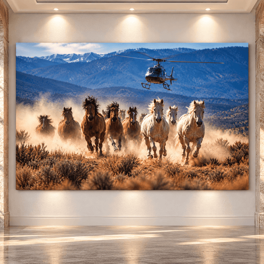 Running Horse Herd & Helicopter Wrapped Canvas Wall Art – Western Ranch Aviation Landscape Print - ART OF ROYALS