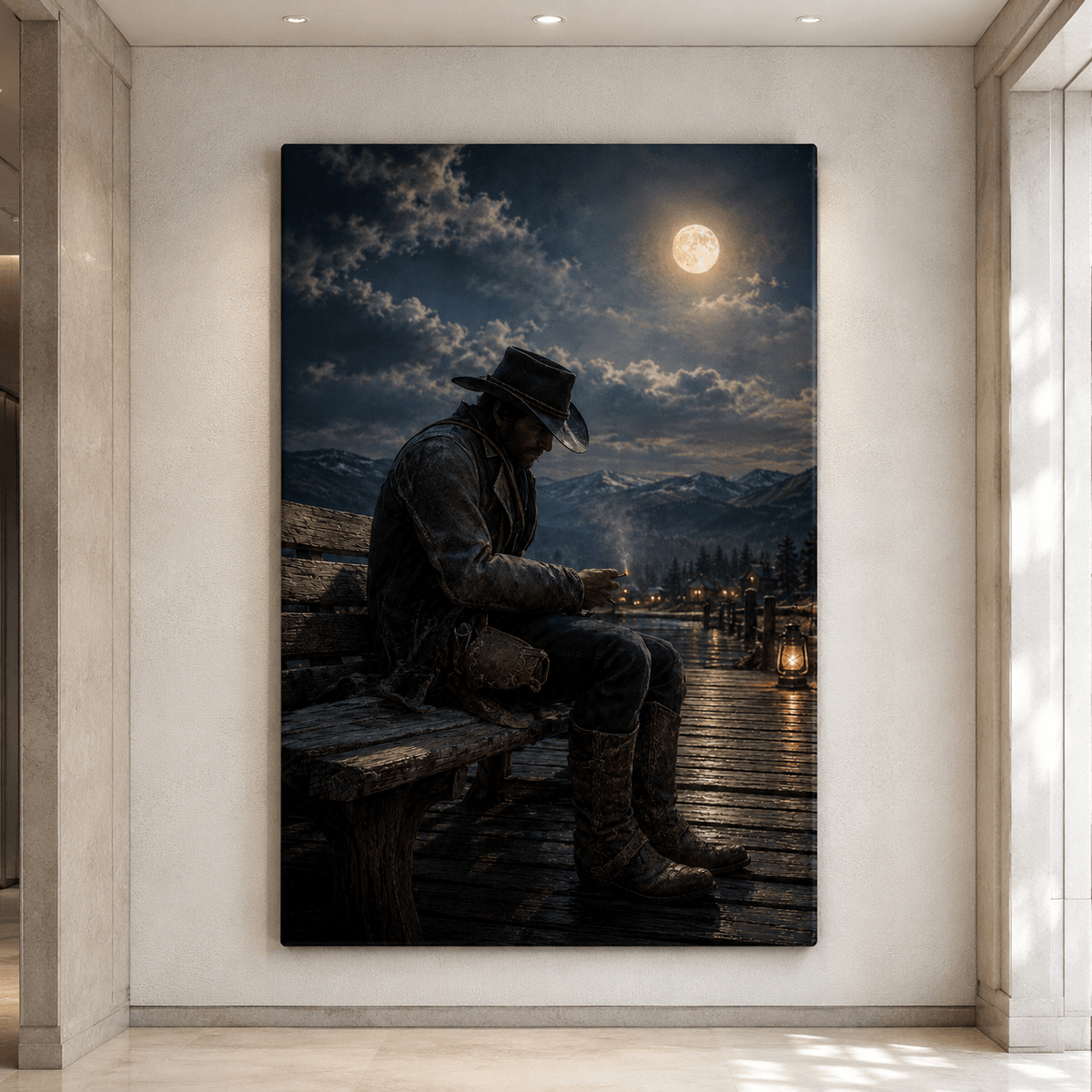Lonely Cowboy Under Full Moon Wrapped Canvas Wall Art – Western Mountain Night Ranch Print - ART OF ROYALS