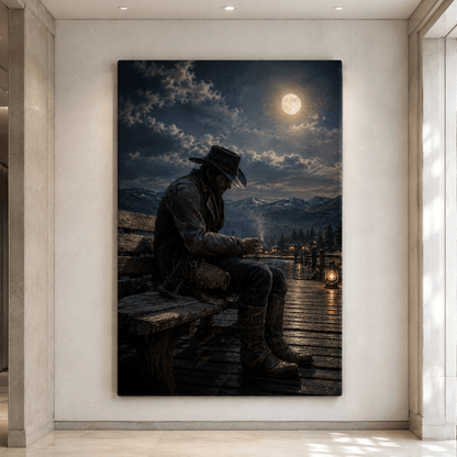 Lonely Cowboy Under Full Moon Wrapped Canvas Wall Art – Western Mountain Night Ranch Print - ART OF ROYALS