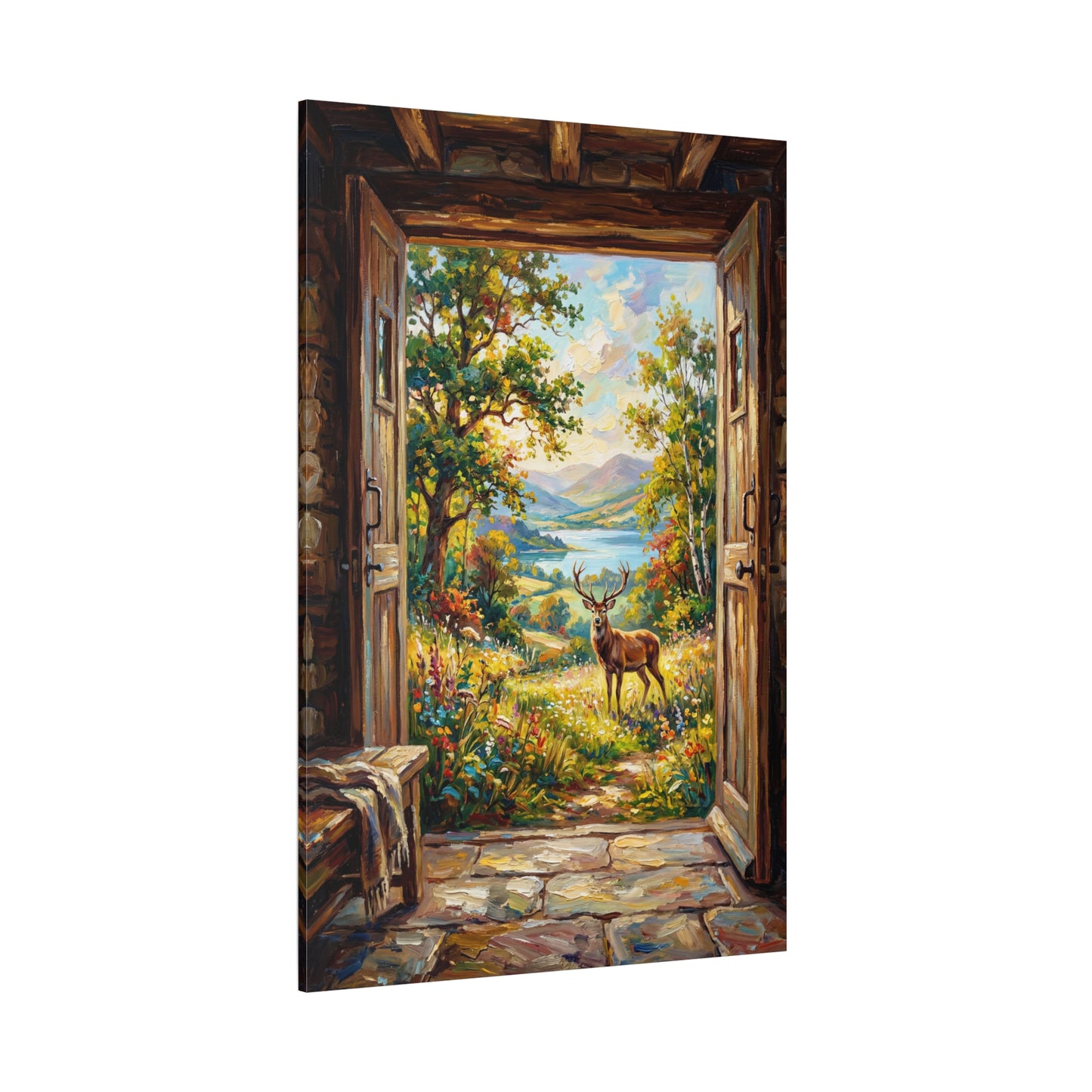 Open Door to Serenity – Rustic Countryside Deer Landscape Canvas Wall Art