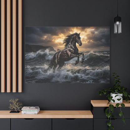 Black Stallion in Ocean Waves – Majestic Power Canvas Wall Art