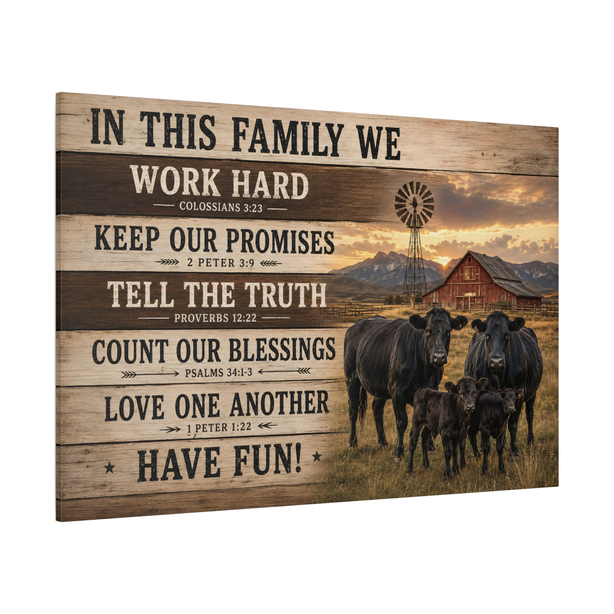 In This Family We Cattle Ranch Wrapped Canvas Wall Art – Faith-Based Farmhouse Print - ART OF ROYALS