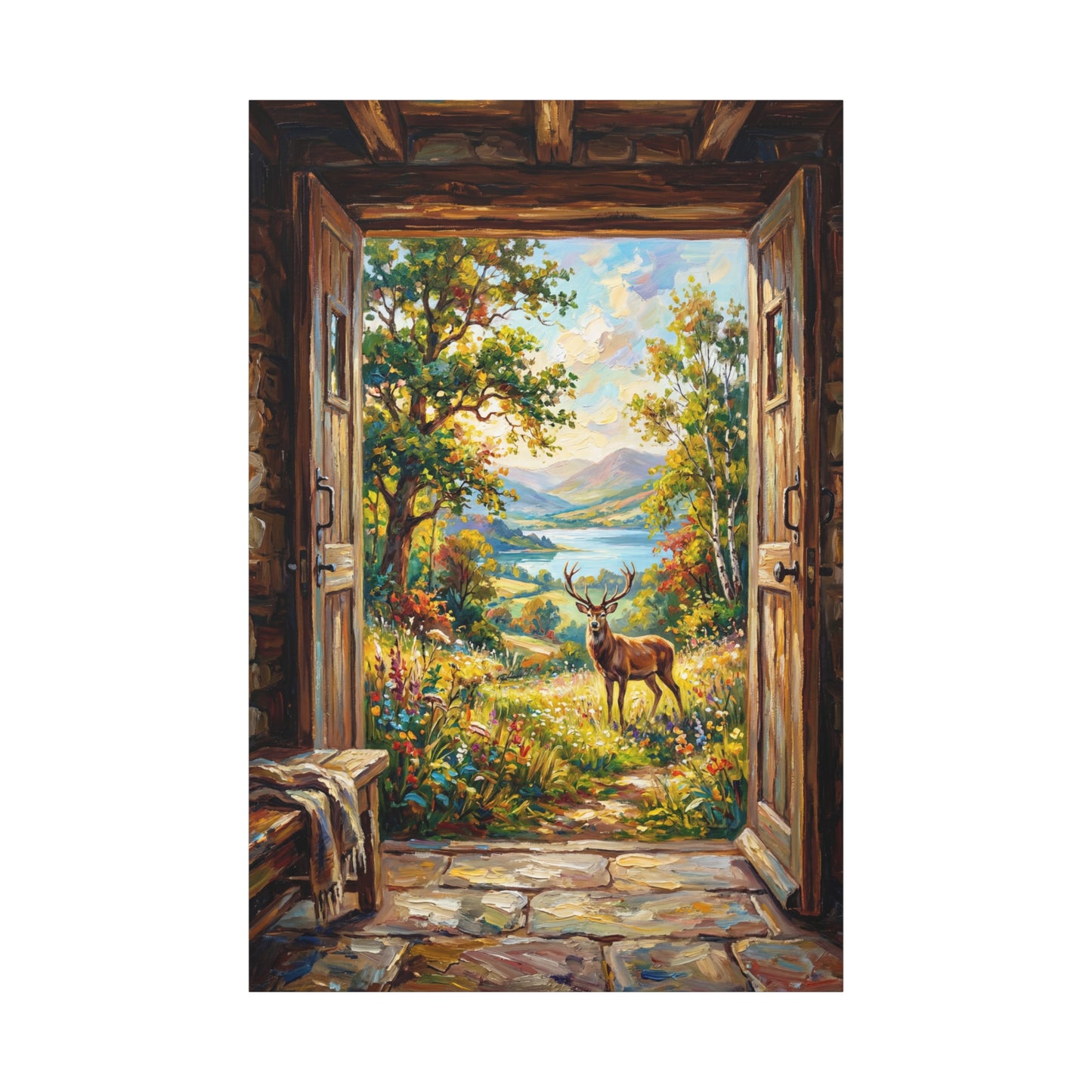 Open Door to Serenity – Rustic Countryside Deer Landscape Canvas Wall Art