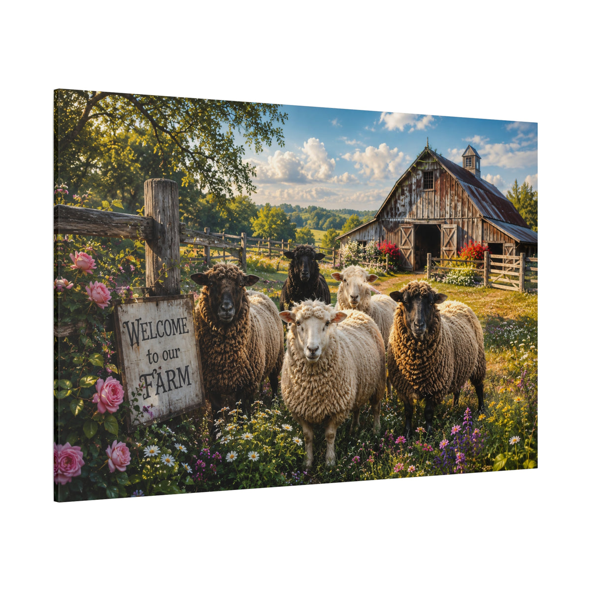 Welcome to Our Farm – Sheep and Barn Canvas Wall Art - ART OF ROYALS