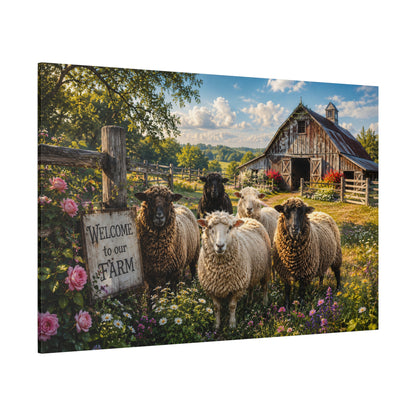 Welcome to Our Farm – Sheep and Barn Canvas Wall Art - ART OF ROYALS