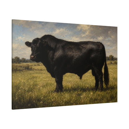 Black Angus Bull in Meadow Wrapped Canvas Wall Art – Classical Livestock Oil Painting Print - ART OF ROYALS