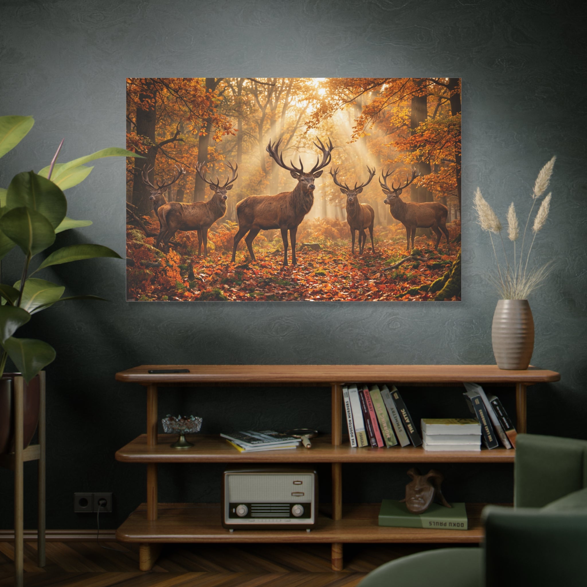 Autumn Majesty stag herd in golden forest canvas wall art