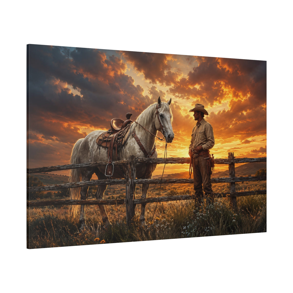 Cowboy and Horse at Sunset Wrapped Canvas Wall Art – Western Ranch Photography Print - ART OF ROYALS