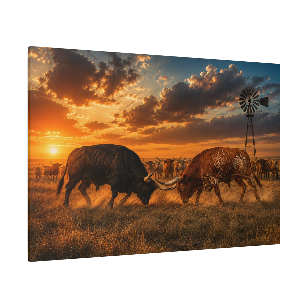 Winner Takes All – Longhorn Bulls Fighting for Herd Leadership Wrapped Canvas Wall Art - ART OF ROYALS