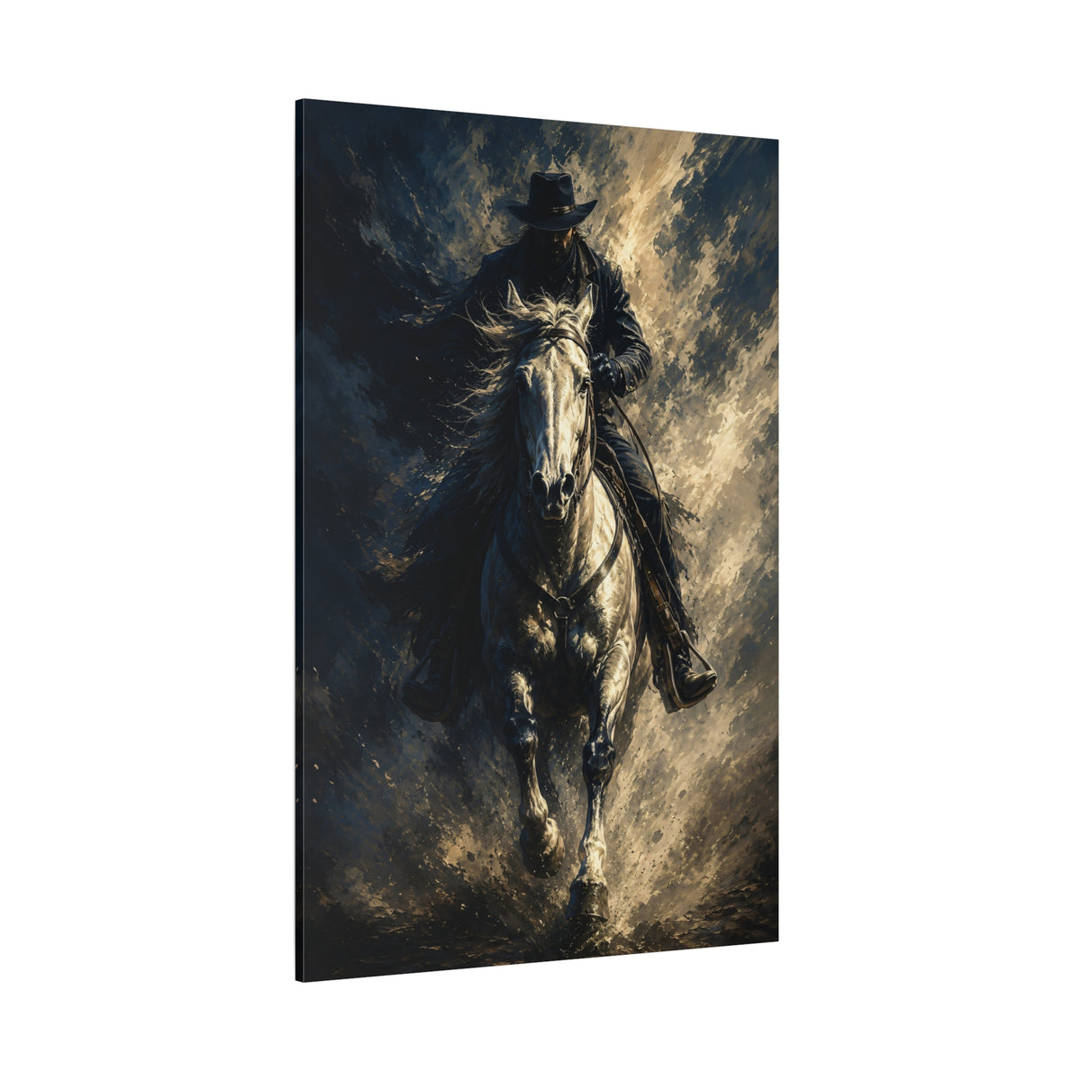 Galloping Cowboy on White Horse Wrapped Canvas Wall Art – Bold Abstract Western Action Print - ART OF ROYALS