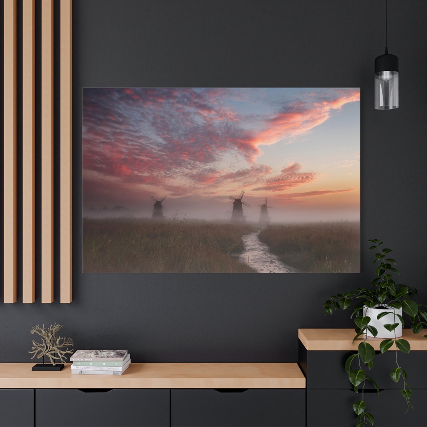 Windmills Over Tranquil River and Field