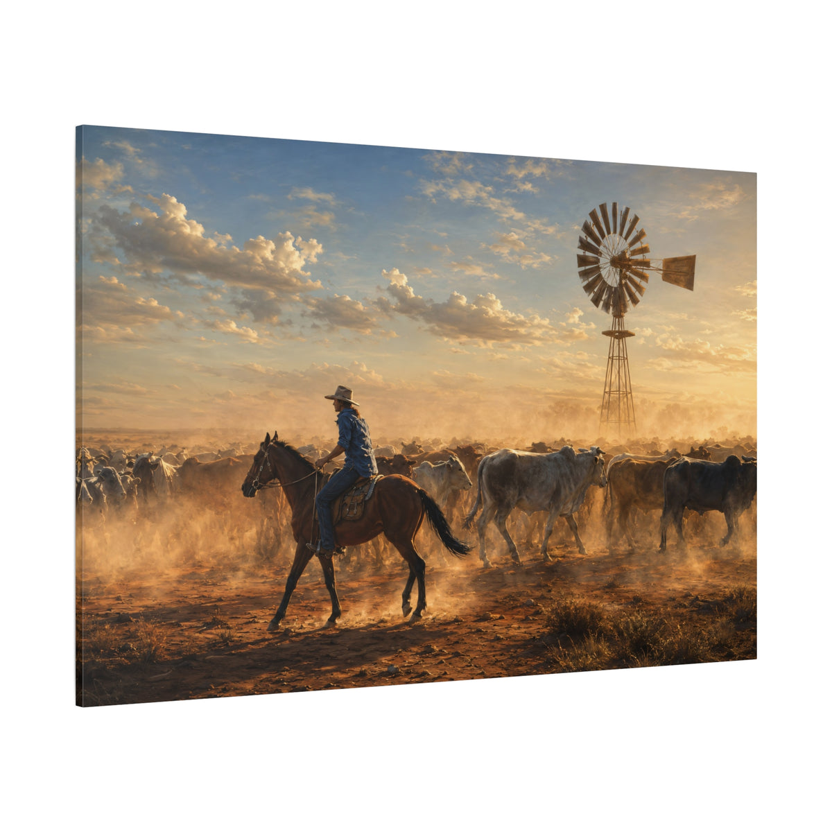 Cattle Drive at Sunset Wrapped Canvas Wall Art – Dusty Ranch Windmill Print - ART OF ROYALS